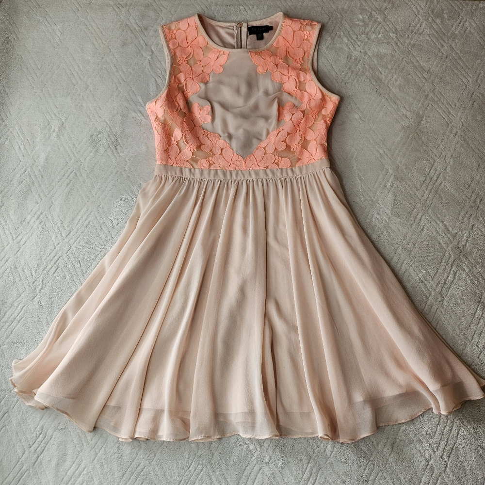 Ted Baker‎ Coral Floral Lace Chiffon Fit & Flare Dress Nude Pink Size 3 US 8